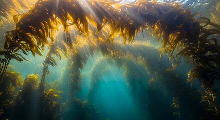 Giant kelp forest underwater with sunlight beams filtering through golden-brown fronds in a deep blue ocean