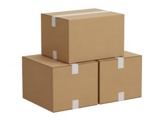 Stack of three cardboard boxes isolated on transparent background