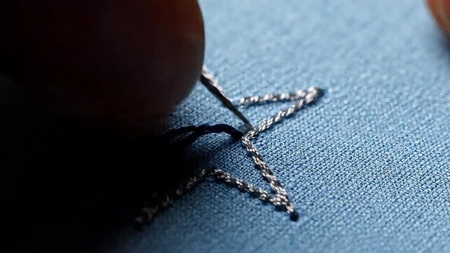 A person is carefully sewing a star-shaped pattern on a blue fabric using a needle and thread in a close-up shot from a high angle.