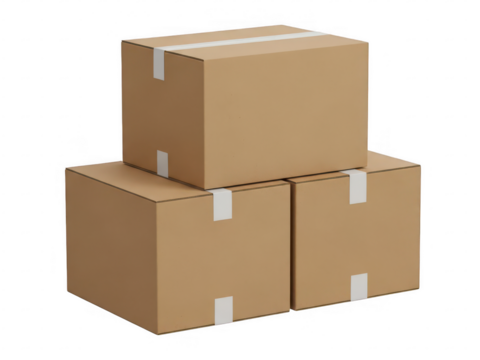 Stack of three cardboard boxes isolated on transparent background - Powered by Adobe
