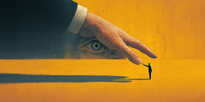 The Authority's Shadow: A powerful composition portraying themes of surveillance and control. A giant eye casts a shadow over a small figure.