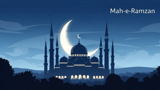 Ramadan kareem background with mosque silhouette at night under crescent moon mah e ramzan celebration