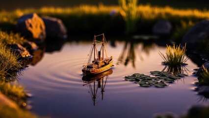 Miniature antique boat afloat in calm water with reflections
