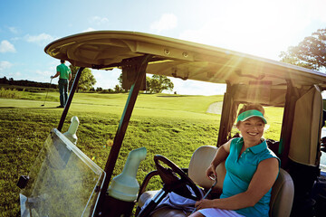 Woman, smile and thinking in golf cart on course, break and outdoor in summer for fitness...