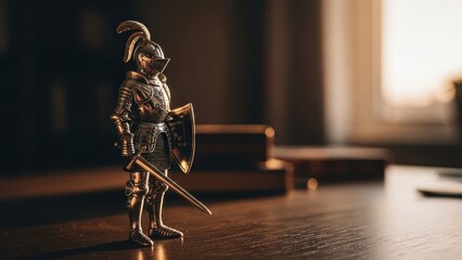 Miniature medieval knight figurine stands on a wooden surface