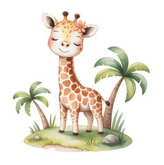 Watercolor baby giraffe illustration for nursery wall print. Giraffe character on grass for children room decor. © Songrami