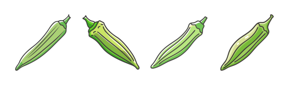 Four green okra pods shown from different angles on a white background.