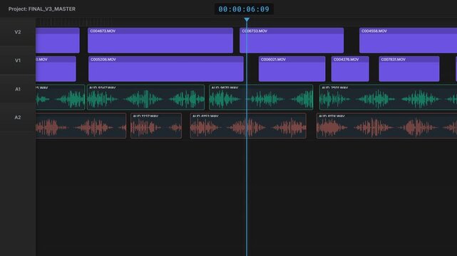 Digital Video Editing Timeline Interface Animation With Moving Playhead
