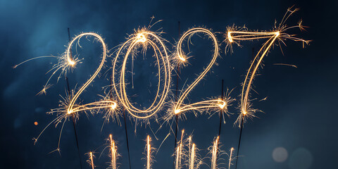 Bright sparkler lights forming '2027' against a dark blue smoky background, celebrating New Year's Eve, future ambitions, or special events.