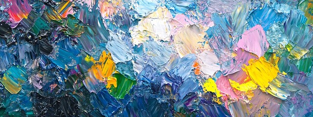 Vibrant Abstract Oil Painting with Thick Brushstrokes in Blue Yellow and Pink on White Background colorful
