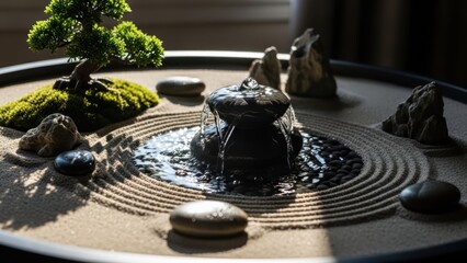 Miniature zen garden with flowing water, stone, sand, and tiny tree
