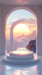 Marble archway overlooks a sunlit cloudscape with an oceanic horizon