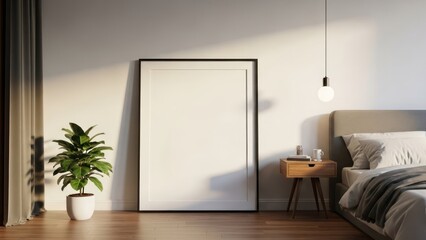 Minimalist bedroom with blank frame, plant, nightstand, and morning light