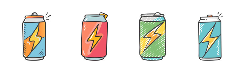 Assortment of four colorful energy drink cans with lightning bolt designs. © SulaimanIslam