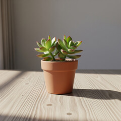 Minimalist Green Succulent Plant in Terracotta Clay Pot on Natural Light Wood Table with Soft Sunlight