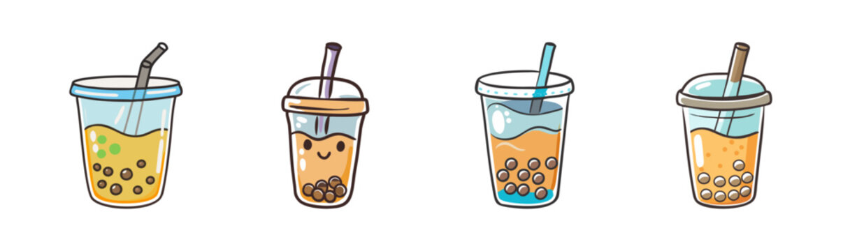 Four colorful bubble tea drinks with tapioca pearls and straws, isolated on white.