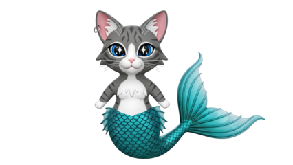 Cute Cat Mermaid with Sparkling Blue Eyes and Teal Tail