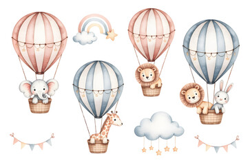Nursery watercolor hot air balloon animals for kids birthday invitation print. Watercolor safari balloon set for kids birthday party. © Songrami