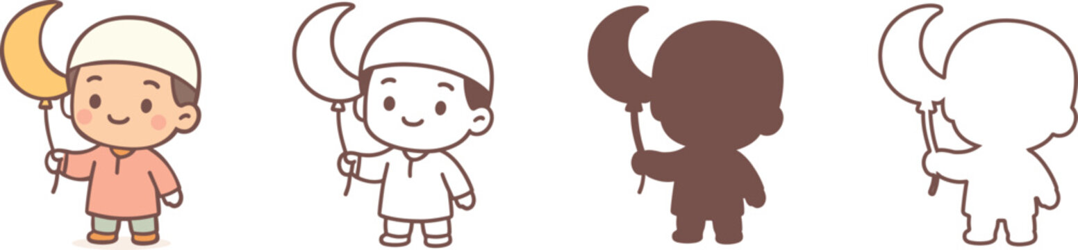 Cute Muslim Boy Holding Crescent Moon Balloon for Ramadan Decoration Vector Illustration Ai Generated