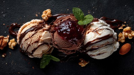 Three ice cream scoops with chocolate sauce and nuts on top. The ice cream is served on a black table