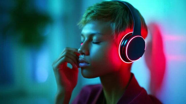 A Young Individual Enjoying Music with Neon Headphones in a Dimly Lit Room, Completely Immersed in the Rhythm while the Colorful Lights Create a Relaxing and Vibrant Atmosphere for Reflection and