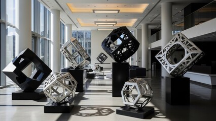 Modern abstract sculptures in an expansive lobby