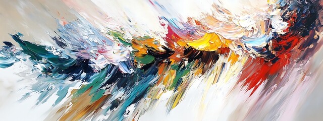 Vibrant abstract painting with dynamic colorful brush strokes on white background