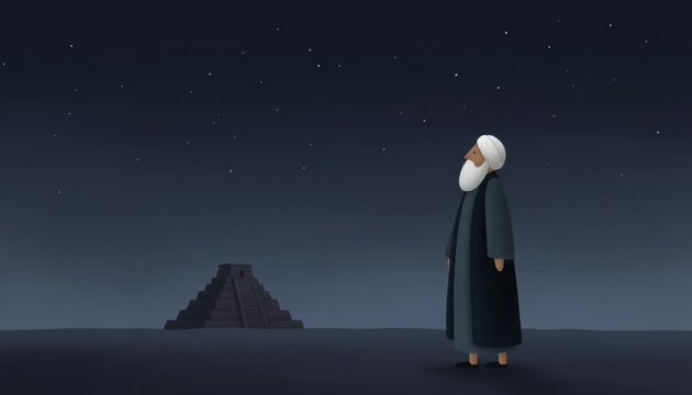Abraham gazes at the stars, receiving God's covenant. Biblical illustration of Abram's promise, with the Ziggurat of Ur in the background. A story of faith and descendants.
