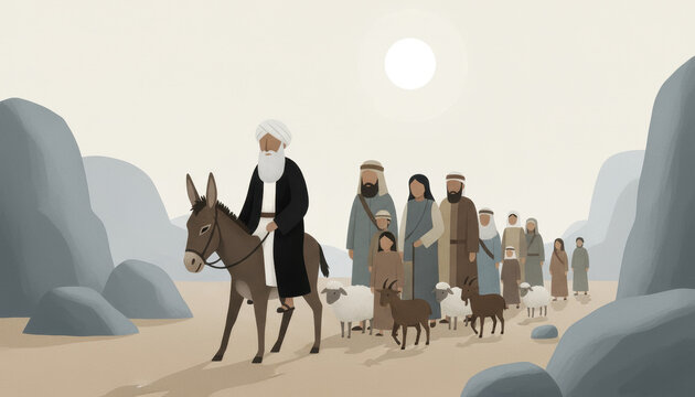 Abraham's journey to the promised land. A biblical illustration of Abram leaving Haran with his family and livestock, following God's call. A story of faith and obedience.
