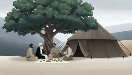 Fototapeta premium Abraham shows hospitality to three visitors under the great trees of Mamre. A biblical illustration from Genesis of Abram serving a meal to the Lord and two angels. 