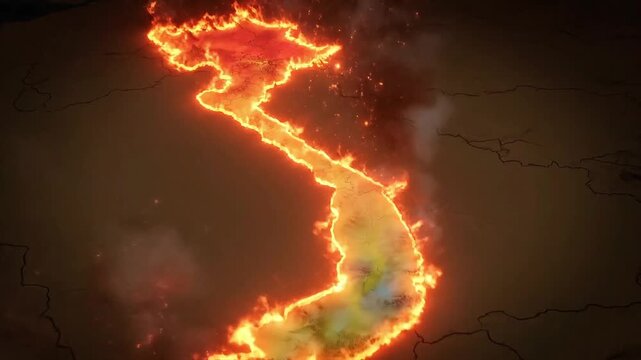 Dramatic visualization of a nation's geographical outline engulfed in a fierce blaze, symbolizing an escalating environmental crisis, climate change, and urgent global challenges