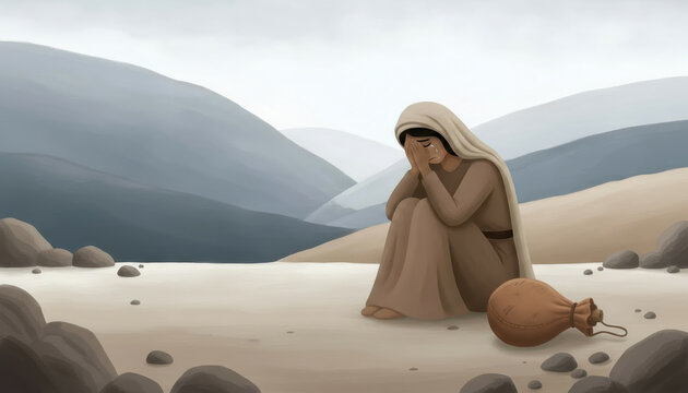 Hagar weeps in the desert after being cast out. A biblical illustration of Abraham's maidservant and her son Ishmael, from the Book of Genesis.
