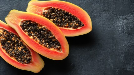 Obraz premium Three slices of ripe, red, and yellow papaya are displayed on a black countertop. The fruit is cut in half, revealing its seeds and juicy interior. Concept of freshness and abundance