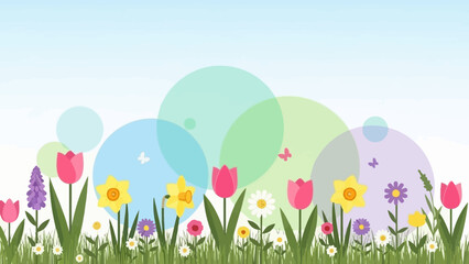 Obraz premium Vibrant Spring Meadow with Blooming Tulips, Daffodils, and Butterflies