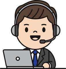 Customer Service Support Man Help Desk Online Business Concept, Flat Cartoon Illustration Style