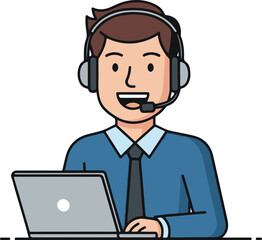 Customer Service Support Man Help Desk Online Business Concept, Flat Cartoon Illustration Style