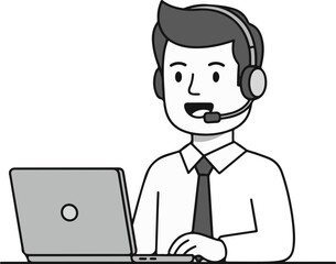 Customer Service Support Man Help Desk Online Business Concept, Flat Cartoon Illustration Style
