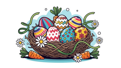Vibrant Easter Egg Nest with Carrots and Daisies: A Cheerful Springtime Illustration