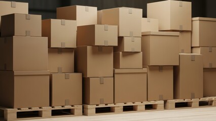 Stacked cardboard boxes on wooden pallets in warehouse interior for shipping and storage solutions