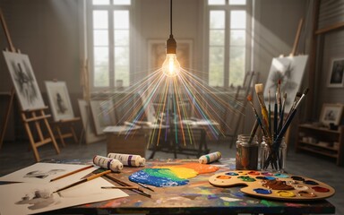  An incandescent lightbulb hangs in an artist's studio, radiating beams of colorful light. The rays shine down onto a wooden palette covered in vibrant paint smears and brushes.