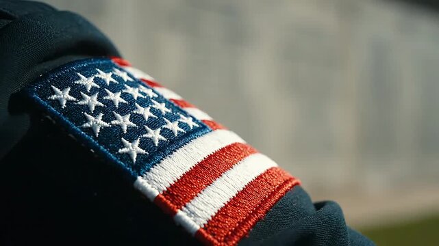Close-up of an American flag patch on a uniform sleeve, symbolizing patriotism, national pride, and service to the country