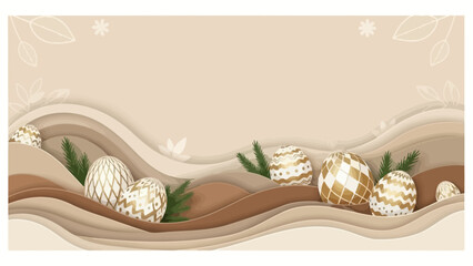 Golden Easter Eggs on a Layered Landscape with Fir Branches and Flowers