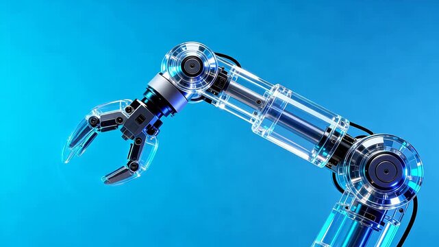 Transparent robotic arm claw on blue gradient background