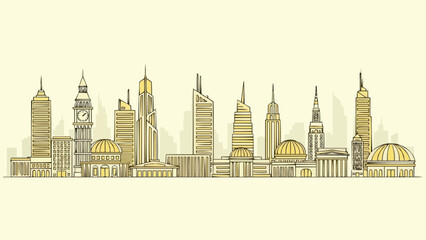 Obraz premium Cityscape Skyline Buildings Architecture Line Drawing.