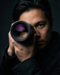Male photographer holding digital camera with lens looking directly at viewer against dark background