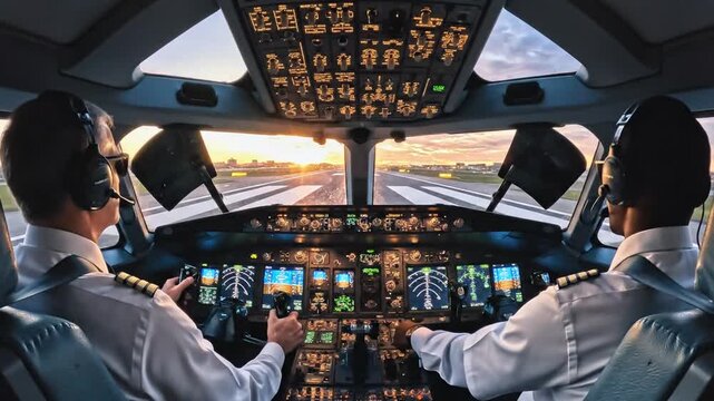 Two pilots in cockpit at sunset, illuminated controls glow, windows frame runway under orange light