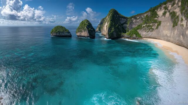 Tropical cliff beach with turquoise water, limestone rock island and white sand shore blue sky, turquoise ocean cove with dramatic limestone cliffs, sandy beach and vegetated sea stacks