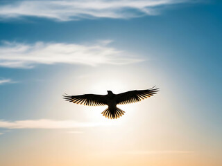 Naklejka premium Silhouette of a bird flying in the sky at sunset