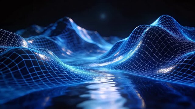 Blue digital grid terrain with reflection on water surface