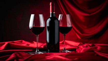 Red Wine Bottle and Two Glasses on Elegant Red Silk Fabric Background